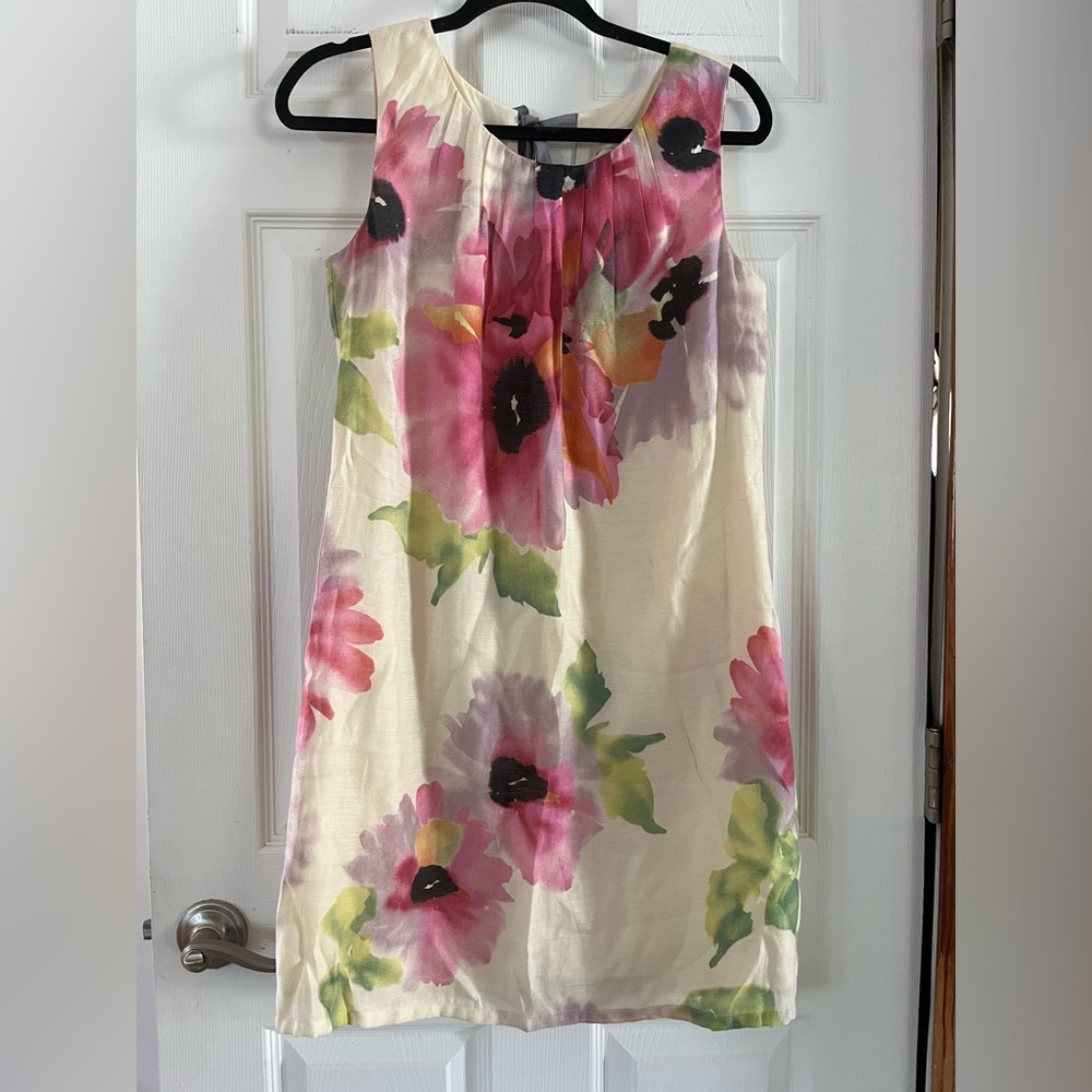 LOFT Cream Floral Watercolor Sleeveless Shift Dress